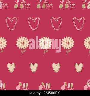 Gestreiftes rotes, handgezeichnetes Nahtloses Muster. Von Hand gezeichnete Schriftzeichen alles, was du brauchst, ist Liebe, Herzen und Blumen in einer Reihe. Stock Vektor