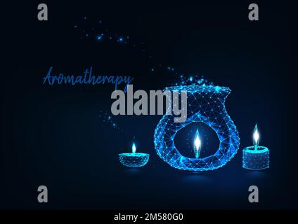 Aromatherapiekonzept mit leuchtender, polygonaler Aroma-Lampe, Öllampe und Duftkerzen auf dunkelblauem Hintergrund. Futuristisches Drahtmodell Stock Vektor