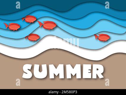 Sommer-Banner-Vorlage im A4-Format, mit Meer- oder Meereswellen, tropischem Sandstrand, roten Fischen und Text Summer. Sommerferienkonzept. Das Papier ist stürmisch Stock Vektor