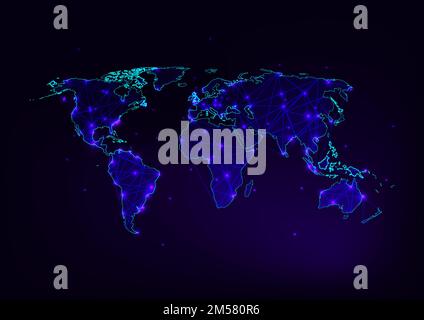 Weltkarte Netz mit Kontinentalkontur aus Linien, Punkten, Sternen, Dreiecken auf dunkellila, blauem Hintergrund. Globalisierung, Internetverbindung, Kommunikation Stock Vektor