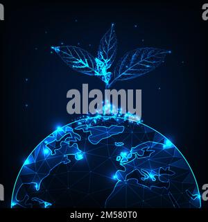 Wachstums- und Entwicklungskonzept mit glühenden, polygonalen Pflanzensprossen, die auf dem Planeten Erde auf dunkelblauem Hintergrund gepflanzt werden. Futuristisches Drahtmodell Stock Vektor