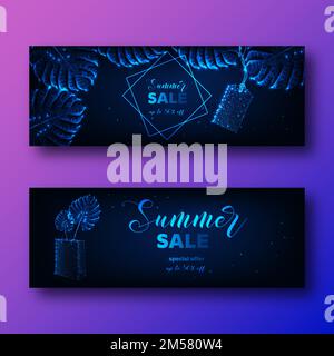 Futuristische Banner für Sommerangebote mit glühenden tropischen Blättern mit niedrigem Poly-Monstera, Preisschild und Einkaufstasche sowie Promotext auf dunkelblauem Hintergrund. Stock Vektor