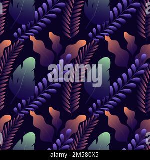 Nahtloses Muster mit verschiedenen exotischen Blättern auf dunkelblauem Hintergrund. Trendiges, abgestuftes Design. Futuristische Vektordarstellung. Stock Vektor