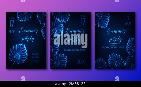 Futuristische Sommer-Party-Flyer mit leuchtenden, polygonalen Monstera-Tropenblättern und Text auf dunkelblauem Hintergrund. Einladungskarten, Poster Stock Vektor