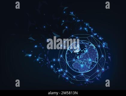 Planet Earth View aus dem All mit Kontinentenkarte umgeben von Fußball in Action-Outline. Fußball-Meisterschaft. Globalisierung, Verbindungskonzept Stock Vektor