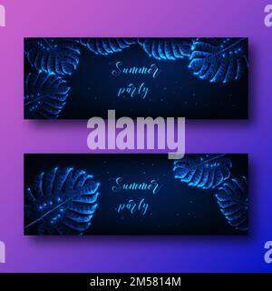 Futuristische Banner-Vorlage für Sommerpartys mit leuchtenden niedrigen poly-tropischen Blättern und Text auf dunkelblauem Hintergrund. Modernes Drahtmodelldesign Stock Vektor