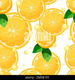 Zitronen überlappende Scheiben und Hälften mit Blättern und Limonadenblasen nahtloses Muster auf weißem Hintergrund. Vektordarstellung. Stock Vektor