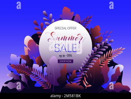 Webbanner-Vorlage für Sommerangebote mit exotischen Blättern, magischem Wald, rundem Rahmen und Promotiontext auf blauem Hintergrund. Trendiges Design Vektor i Stock Vektor