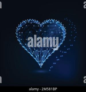 Leuchtendes Herzsymbol aus Sternen, Linien, Punkten, Dreiecken, niedrigen polygonalen Formen. Symbol der Liebe. Darstellung des Entwurfsvektors mit niedrigem Polydrahtmodell. Stock Vektor