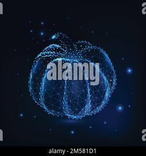 Herbstglühendes Halloween oder Thanksgiving-Kürbis aus Sternen, Linien, Punkten, dreieckigen niedrig polygonalen Formen auf dunkelblauem Hintergrund. Moderne niedrige Polarität Stock Vektor