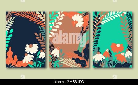 Set aus Sommerplakaten mit flachen Kamillenblumen und verschiedenen Grünlandpflanzen und -Blättern und Platz für Text. Vektordarstellung der flachen Konstruktion Stock Vektor