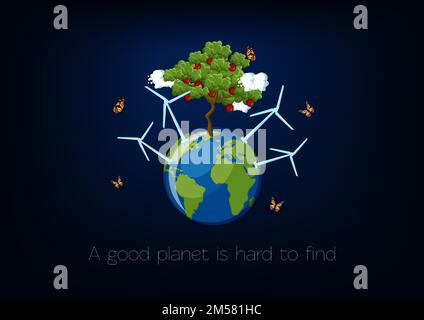 Poster zum Weltumwelttag mit Planet Earth Globe, grünem Apfelbaum, Windturbinen, Wolken und fliegenden Schmetterlingen auf dunkelblauem Hintergrund. Ökologie Stock Vektor