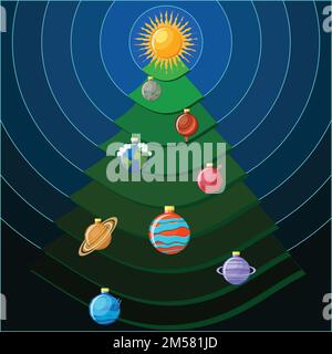 Weihnachtsbaum mit Planeten des Sonnensystems als weihnachtsbälle. Dekorative Grußkarte für Weihnachten und Neujahr. Weihnachtsbaum im Weltall. Vecto Stock Vektor