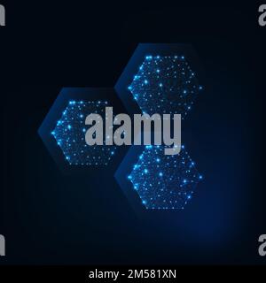 Molekül mit abstrakter sechseckiger Struktur aus leuchtenden Linien, Sternen, Punkten und niedrigen polygonalen Formen auf dunkelblauem Hintergrund. Kosmetikformel, medizinisches Gasthaus Stock Vektor