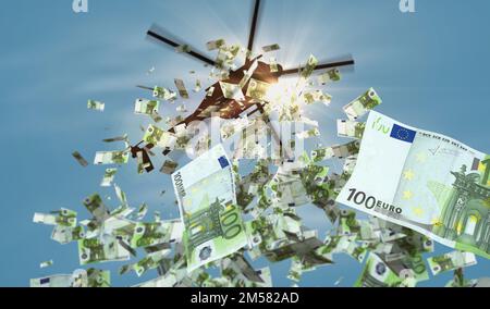 Euro-Banknoten-Helikopter-Geldeinwurf. Europäische Union 100 EUR notiert abstraktes 3D-Konzept von Inflation, Gelddruck, Finanzen, Wirtschaft, Krise und Stockfoto