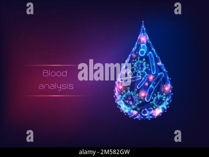 Futuristische, glühende, polygonale Mikrobenviren und Bakterien in einem Blut- oder Wassertropfen. Mikrobiologisches Forschungs- und Analysekonzept. Moderne wir Stock Vektor
