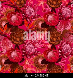 Nahtloses Protea-Muster. Viva Magenta Color Trendige Farbe 2023. Aquarell-realistische Blüten von protea und Anthurium. Hintergrund der Illustration. Stoff Stockfoto