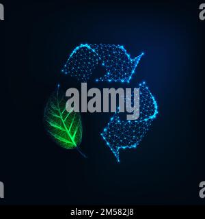 Futuristisches, leuchtendes, polygonales Recycling-Schild mit grünem Blatt aus Linien, Sternen und Dreiecken isoliert auf dunkelblauem Hintergrund. Umweltschützer Stock Vektor