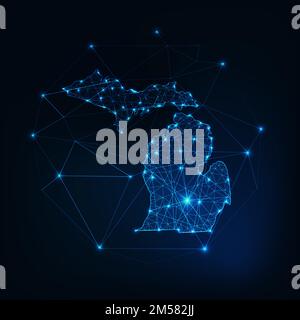Der Bundesstaat Michigan, USA, hat eine glühende Silhouette aus Sternenlinien, Dreiecken und niedrigen polygonalen Formen. Kommunikation, Internet-Technologie-Konzept. W Stock Vektor