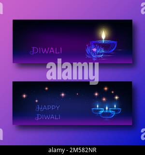 Happy diwali Web-Banner-Vorlagenset mit futuristischer, schwach polygonaler Öllampe Diya, Lotusblume und Text auf dunkelblauem bis violettem Hintergrund. Mo Stock Vektor