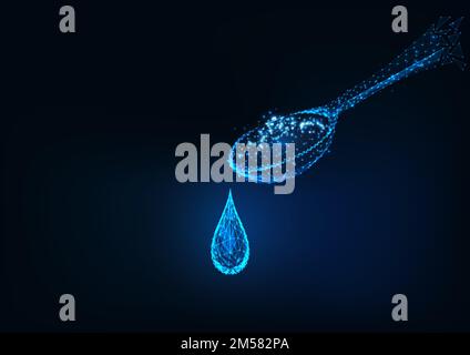 Futuristischer, glühender, polygonaler Löffel und Tropfen flüssiger Arzneimittel auf dunkelblauem Hintergrund. Esslöffel mit Öl- oder Medikamentendosierungskonzept. Modern Stock Vektor