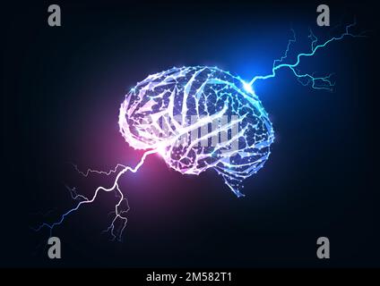 Das menschliche Hirnimpulskonzept. Futuristisch leuchtendes, schwach polygonales Gehirn und auf dunkelblauem und violettem Hintergrund isolierte Lichter. Neurologie, Psychologie, Stock Vektor