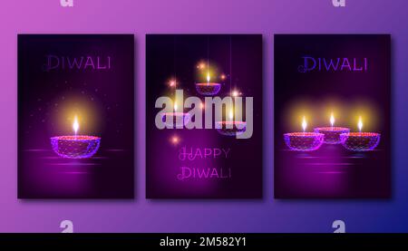 Happy diwali Poster Vorlagenset mit futuristischer, schwach polygonaler Öllampe Diya auf dunkelviolettem Hintergrund. Moderne Vektorbeleuchtung im Drahtmodelldesign Stock Vektor