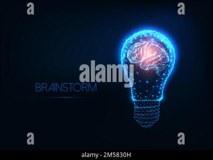 Brainstorming-Konzept mit futuristischer, schwach polygonaler Glühbirne und menschlichem Gehirn auf dunkelblauem Hintergrund. Kreativität, Idee, Erfolg. Moder Stock Vektor