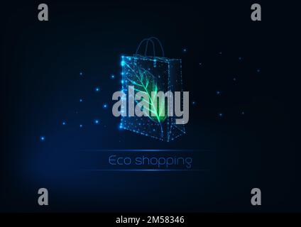 Futuristische, schwach polygonale Einkaufstasche aus Papier mit grünem Blatt isoliert auf dunkelblauem Hintergrund. Umweltfreundliches Einkaufskonzept. Modernes Drahtmodelldesign Stock Vektor