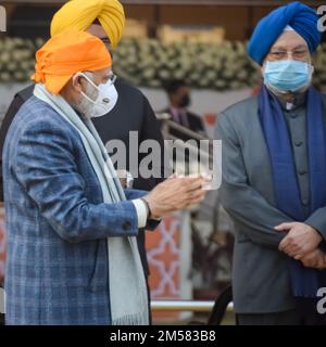 New Delhi, Indien, 26. Dezember 2022 - Indischer Premierminister Shri. Narendra Modi spricht während des Programms "Veer Baal Diwas" bei Major Dhyan Chand Nationa Stockfoto