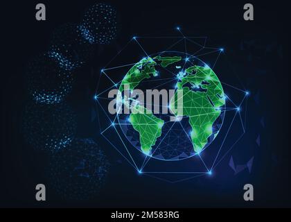 Planet Earth View aus dem All mit grünen Kontinenten zeigt abstrakten Hintergrund. Globalisierung, Verbindung, Ökologie-Konzept. Low Poly Wireframe, line (Niedriges Mehrfachdrahtmodell, Linie Stock Vektor