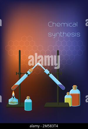 Helle und schöne Vorlage für wissenschaftliche Hintergrundinformationen zur Chemie mit Stativ und verbundenen Reagenzgläsern, Spirituosenbrenner und Reagenzflaschen. Chemische r Stock Vektor