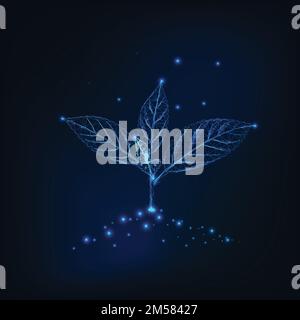 Neuer Sprossen mit Blättern in einem Boden aus Linien, Punkten, Dreiecken. Wachstum, Entwicklungskonzept. GVO-Technik, Biotechnologie. Niederes polygonales Drahtmodell Stock Vektor