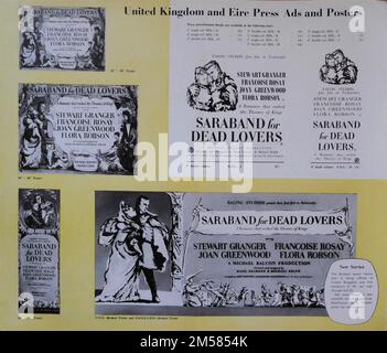 UK Werbeblöcke und Poster für STEWART GRANGER und JOAN GREENWOOD in SARABAND FÜR TOTE LIEBHABER 1948 Regisseur BASIL DEARDEN Roman Helen Simpson Drehbuch John Dighton und Alexander Mackendrick Musik Alan Rawsthorne Associate Producer/Production Design Michael Relph Kostüme Anthony Mendleson Producer Michael Balcon Ealing Studios/J. Arthur Organisation Einstufen Stockfoto