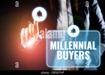 Schreiben mit Text Millennial Buyers. Internetkonzept Art der Verbraucher, die an Trendprodukten interessiert sind Stockfoto