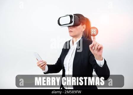 Textbeschriftung mit Frohe Weihnachten. Internet-Konzept Jahrestradition zur Feier der Geburt Jesu Christi Stockfoto