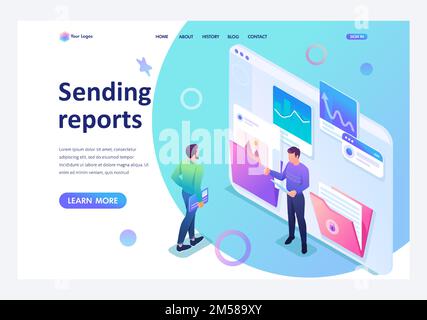 Isometrische Erfassung und Übermittlung von Daten für den Bericht diskutieren Jungunternehmer die Daten auf dem Bildschirm. Landingpage für Vorlagen. Stock Vektor