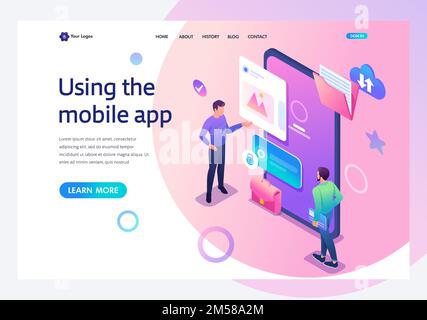 Isometrische junge Männer, die in der Nähe des Mobiltelefonbildschirms stehen, die Nutzung der mobilen Anwendung. Landingpage für Vorlagen. Stock Vektor
