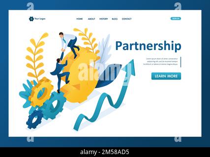 Isometrisch, um einem großen Geschäftsmann zu helfen, zu seinem Partner, helfend, partnerschaftlich. Landingpage für Vorlagen. Stock Vektor