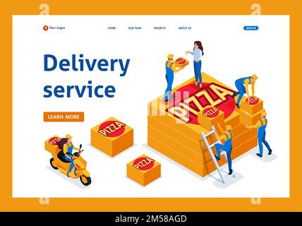 Der isometrische Lieferservice holt die Bestellung ab, das Mädchen auf dem Motorrad trägt eine Pizza. Landingpage für Vorlagen. Stock Vektor