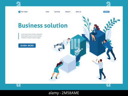 Isometrische Mitarbeiter arbeiten zusammen, um eine Geschäftslösung zu schaffen. Landingpage für Vorlagen. Stock Vektor