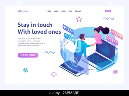 Isometrisches Landing-Page-Designkonzept zum Thema Bleiben Sie immer mit Ihren Lieben in Kontakt. Für Werbekonzepte und Web-Design-Entwicklung. Stock Vektor