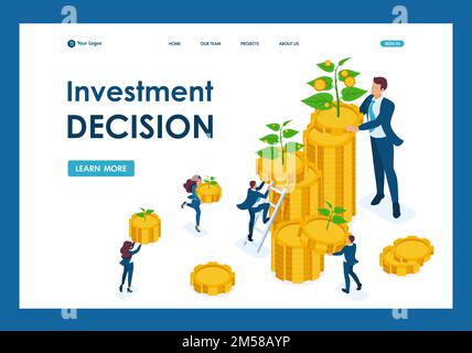 Isometrische Investitionslösungen für Einkommenswachstum, kleine Triebe wachsen zu großen. Landingpage für Vorlagen. Stock Vektor