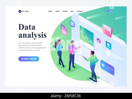 Isometrische junge Menschen stehen auf und analysieren die Daten auf dem Tablet-Bildschirm. Landingpage für Vorlagen. Stock Vektor