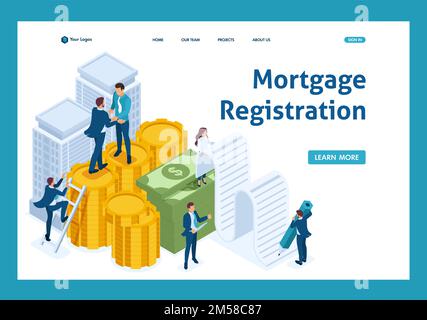 Isometrische Bankangestellte stellen Hypothekendarlehen auf, Geschäftsleute. Landingpage für Vorlagen. Stock Vektor