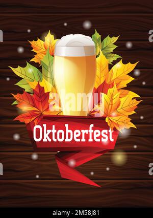 Ein helles Poster auf dem Oktoberfest-Bierfestival. Ahornblätter im Herbst auf einem Holzhintergrund, der Effekt des Sonnenscheins. Vektordarstellung. Stock Vektor