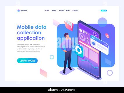 Junger Mann entwickelt eine mobile Anwendung für die Datenerfassung. Konzept moderner Technologien. 3D isometrisch. Landing-Page-Konzepte und Webdesign. Stock Vektor