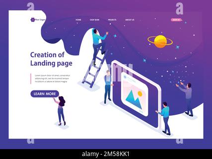 Isometrische Entwicklung und Erstellung einer Website, kleine Männer. Landingpage für Websitevorlage. Stock Vektor
