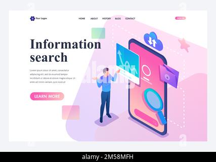 Isometrischer junger Mann in Verwirrung steht auf dem Telefonbildschirm und sucht nach Informationen. Landingpage für Vorlagen. Stock Vektor