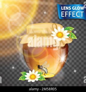 Leuchteffekt der Linse. Honig, Honigbank, Blumen, Biene, glühende Wirkung der Sonne. Helles Licht, Blendung, Objektiveffekt Vektordarstellung Stock Vektor